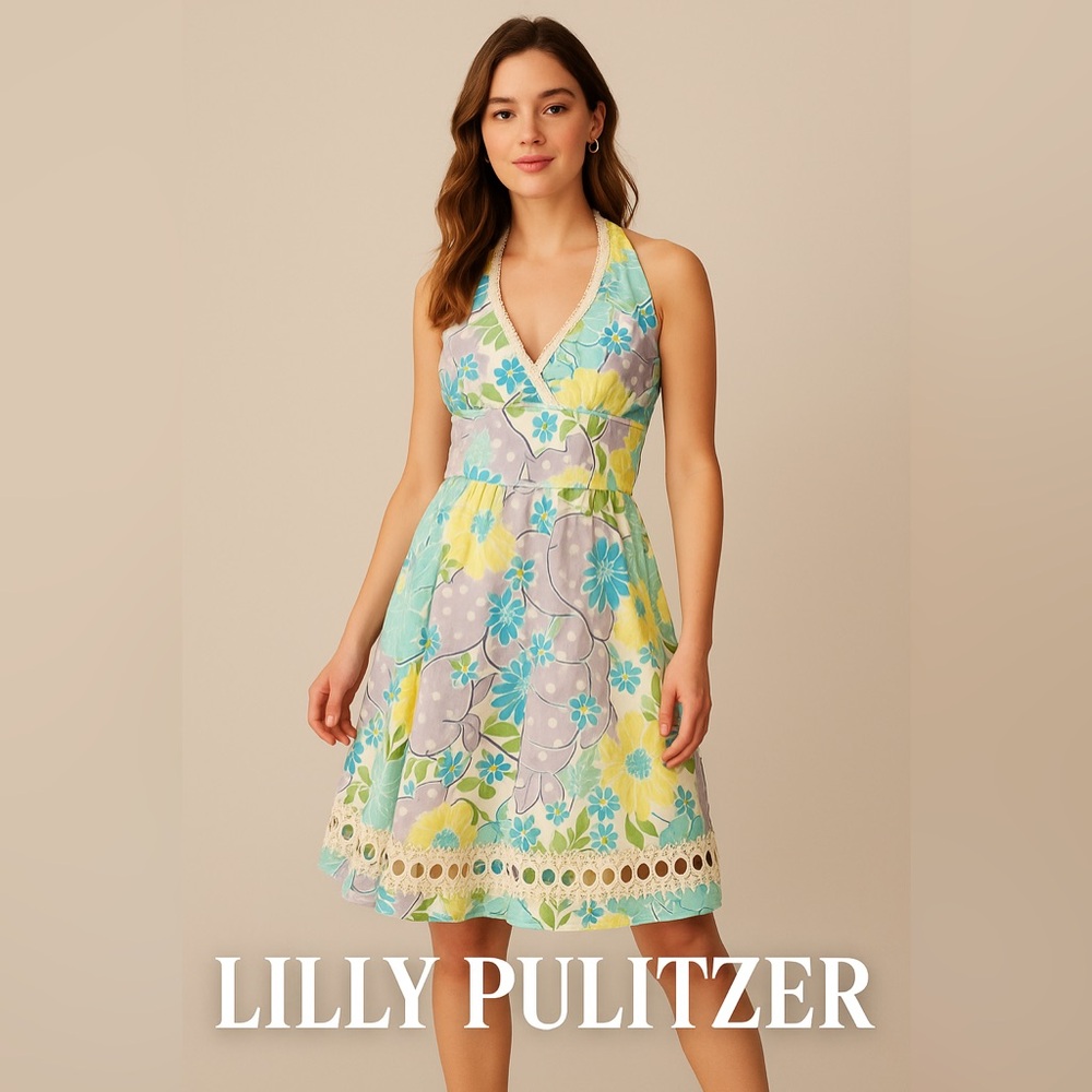 LILLY PULITZER Lobster Floral
Print Halter Lace Garden
Cocktail Party DRESS 8